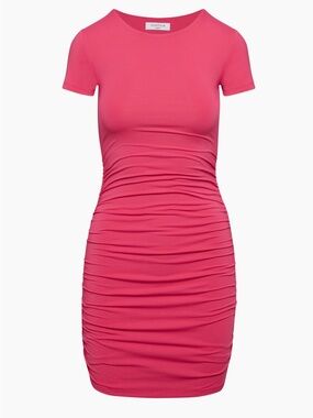 Aritzia Babaton Contour Ruched Mini Dress Pink Short Sleeve Fuscia - Size Small